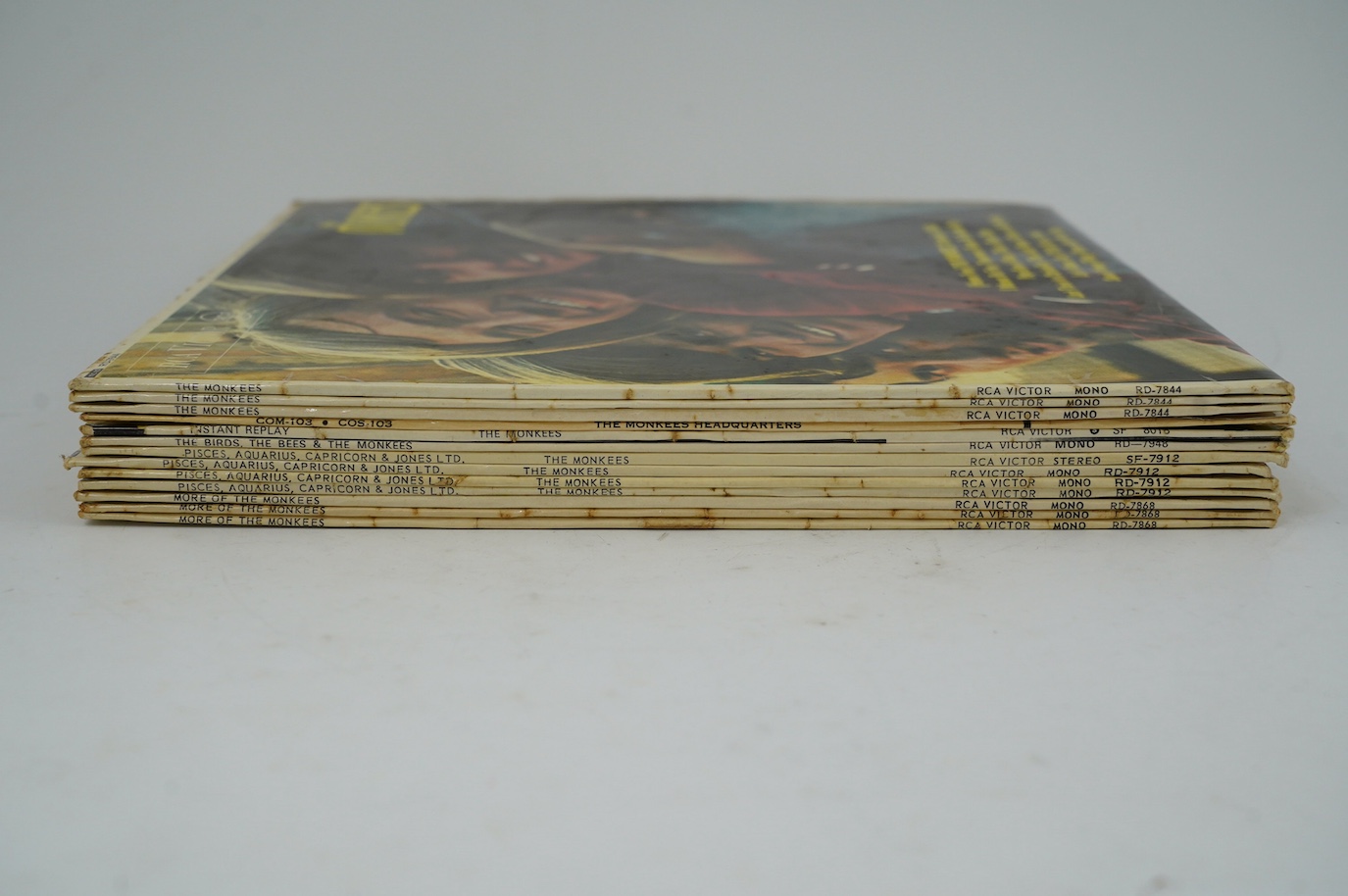 Twenty-one LP record albums by The Monkees and The Moody Blues; Thirteen The Monkees Lips including; The Monkees, Headquarters, Instant Replay, The Birds The Bees and The Monkees, Pisces Aquarius Capricorn & Jones Ltd.,